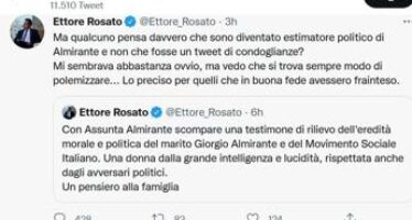 Morte Assunta Almirante, bufera social su tweet Rosato